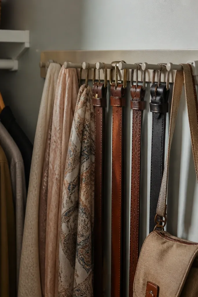 Peg rail with neatly hung belts, scarves, and small bags