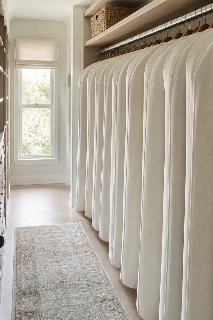 Hanging clothes under clear fabric covers with matching hangers