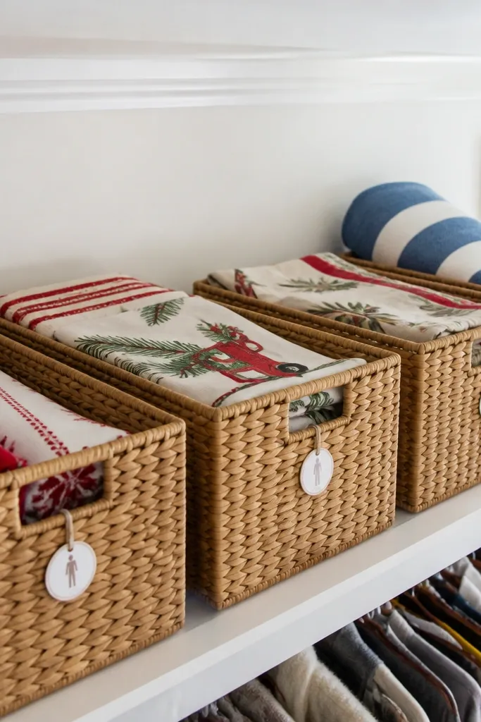 Matching baskets on a top shelf with uniform heights and labels