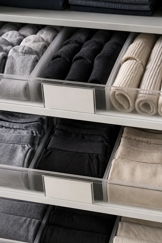 Drawer bins with sock and underwear dividers in clean rows