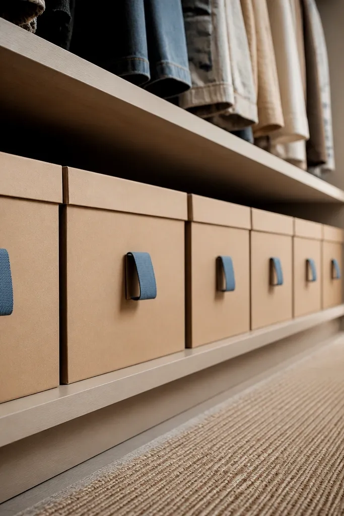 Shoe boxes with matching fabric tabs lined up on a bottom shelf