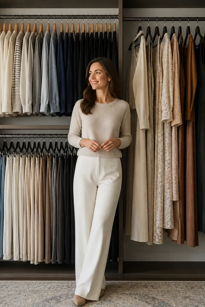 All slim hangers in matching colors across three sections of a closet