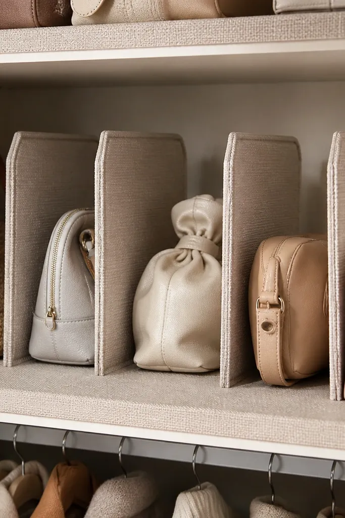 Fabric dividers creating neat sections on a narrow shelf