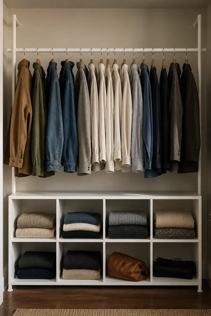 Freestanding rail with hanging clothes and matching storage cubes below