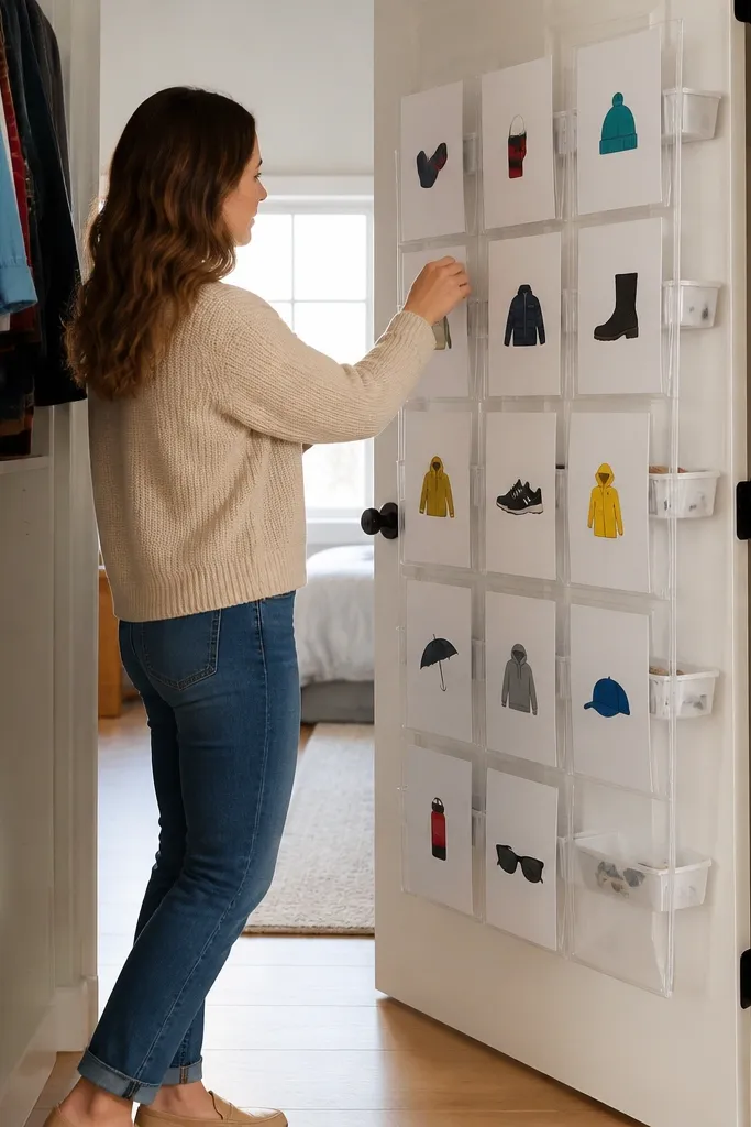 Clear label pockets on door with neatly written labels