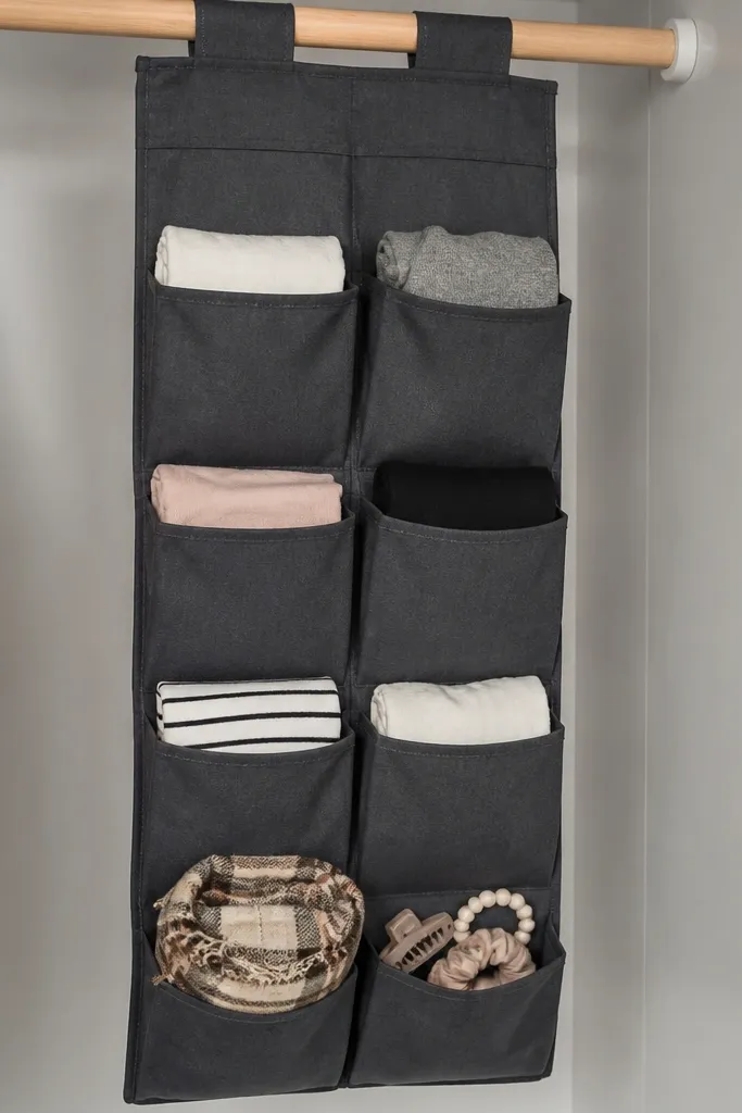 Hanging fabric pocket organizer with items sorted neatly in rows