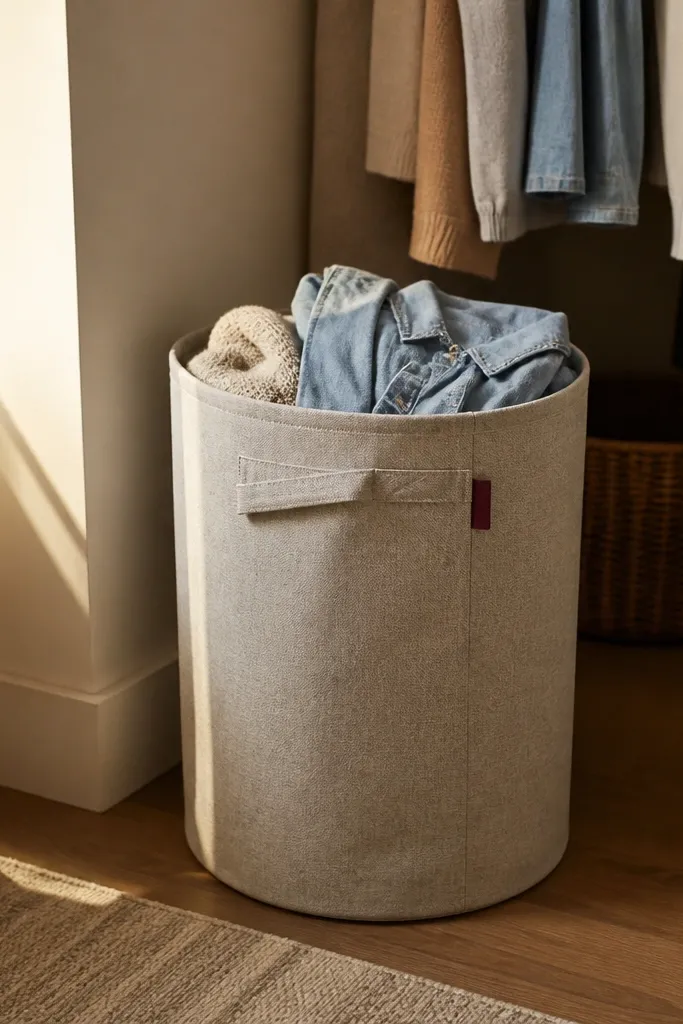 Neutral fabric hamper with a clean opening for wear-again clothes