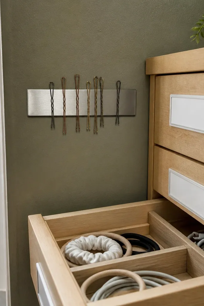 Magnetic strip above a small drawer with color-coded labels on the drawer sides