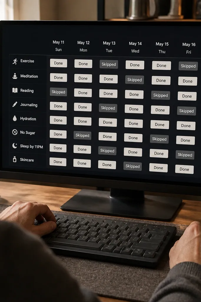 Dark Notion habit grid with small status chips and monochrome covers