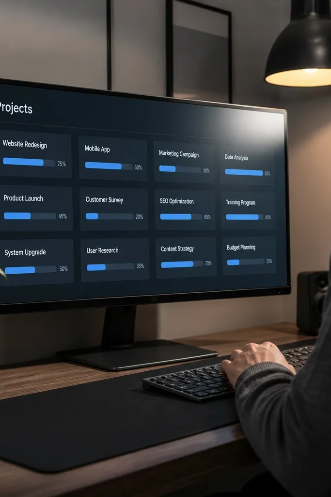 Dark Notion project dashboard with progress bars and two-tone accents
