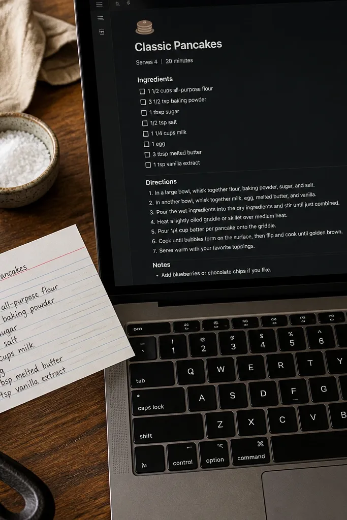 Dark Notion recipe cards with checklist ingredients and clean sections