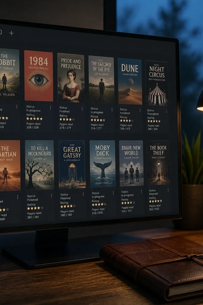 Dark Notion book tracker with minimal covers and clean property rows