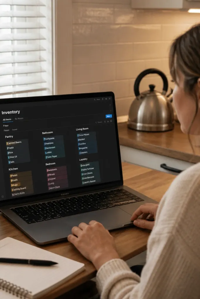 Dark Notion home inventory with room filter chips and clean list views
