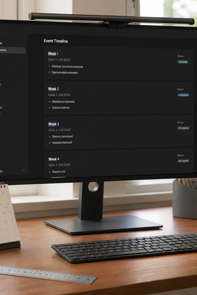 Dark Notion event planning timeline with week blocks and status tags