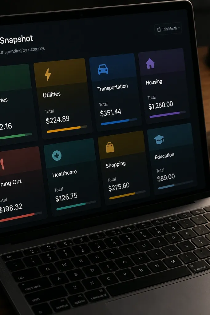 Dark Notion finance snapshot with category tiles and clean totals