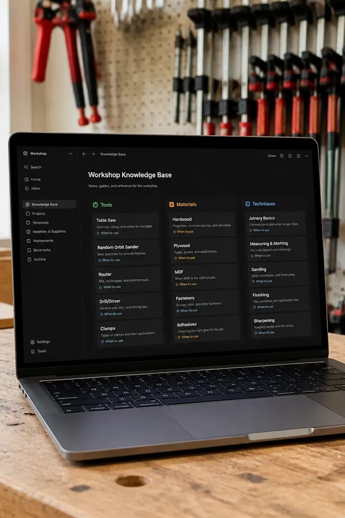 Dark Notion knowledge base with tag filters and tidy article cards