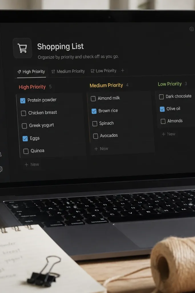 Dark Notion shopping list with priority sections and checkable items