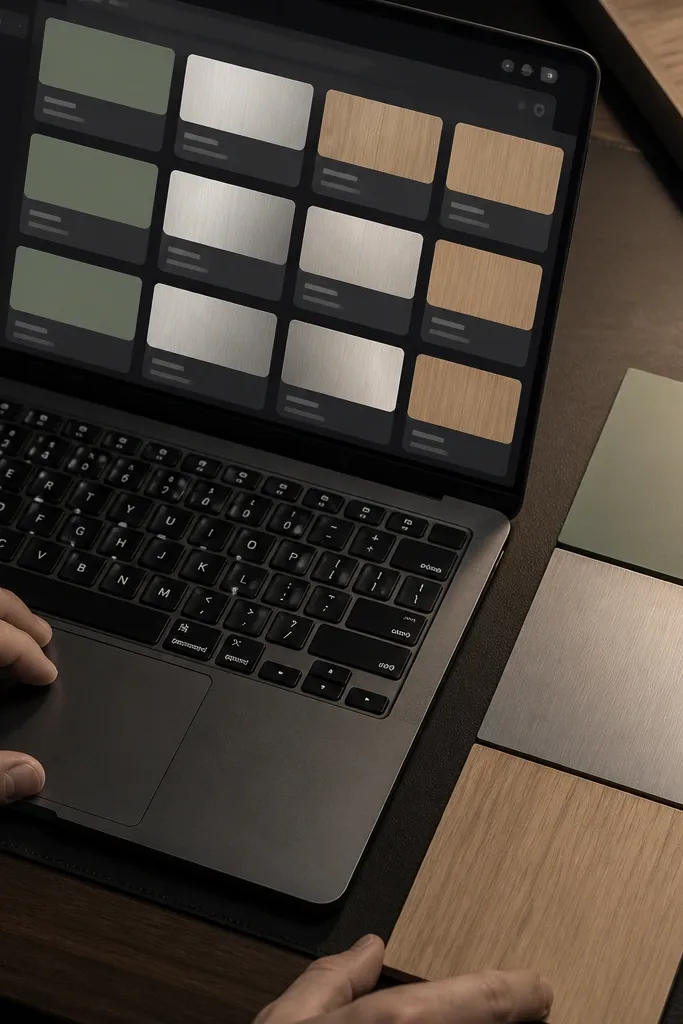 Dark Notion moodboard with material cards and consistent cover colors