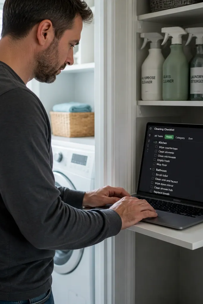 Dark Notion cleaning checklist with room views and tidy checklist items