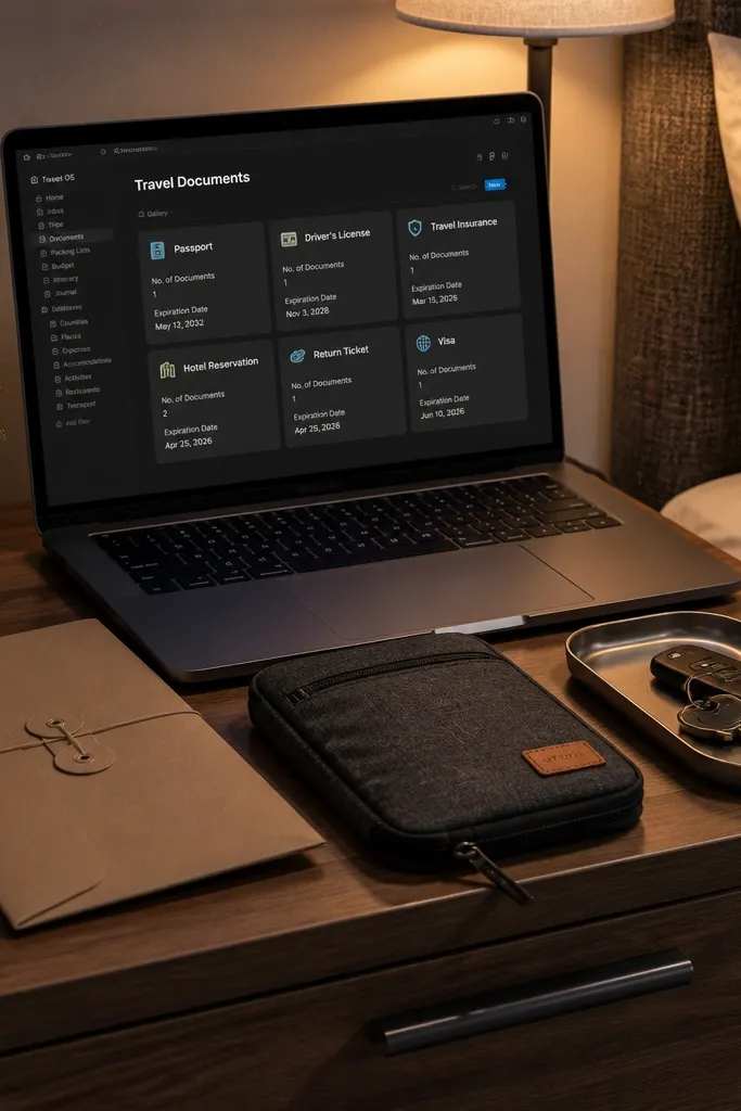 Dark Notion travel pack with document cards and compact property chips