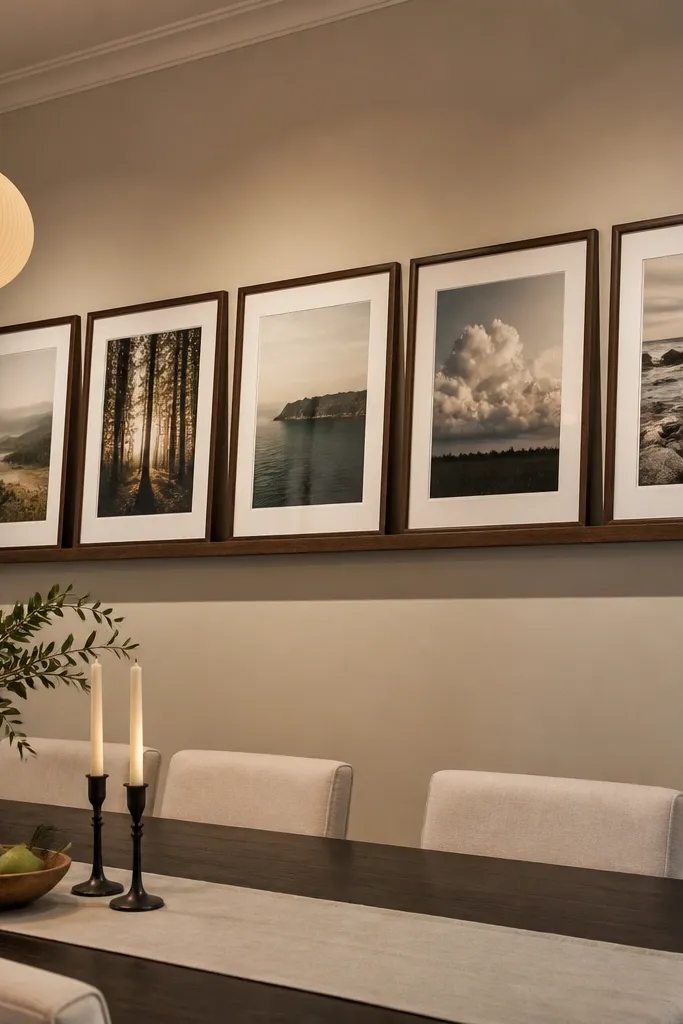 Five framed prints arranged on a long wall ledge above a dining table
