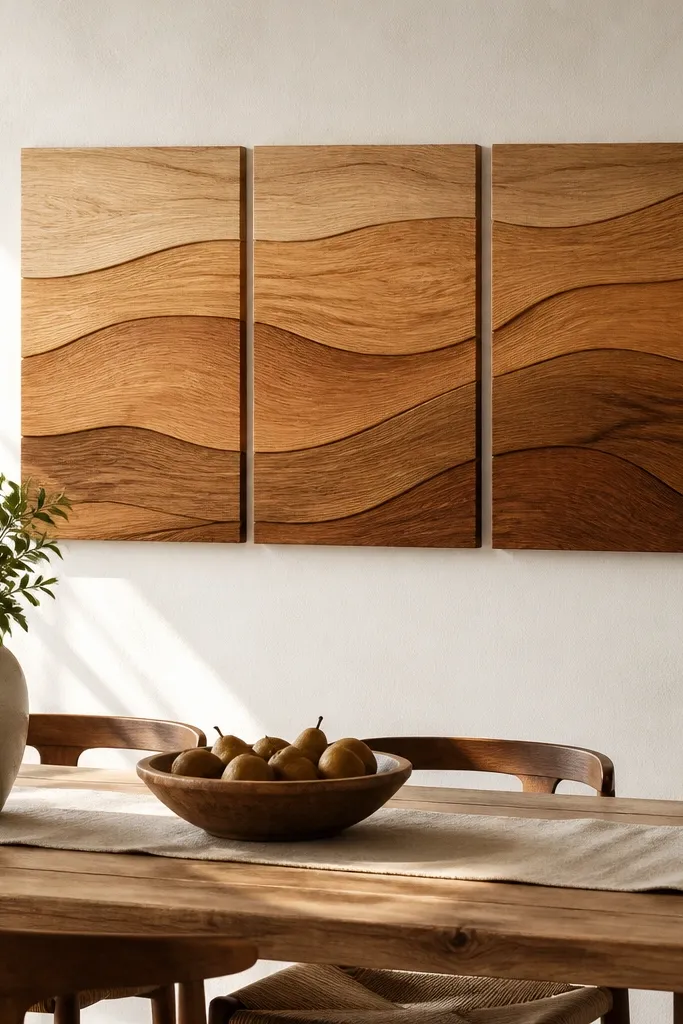 Three wood panels painted in matching tones forming a triptych above dining chairs