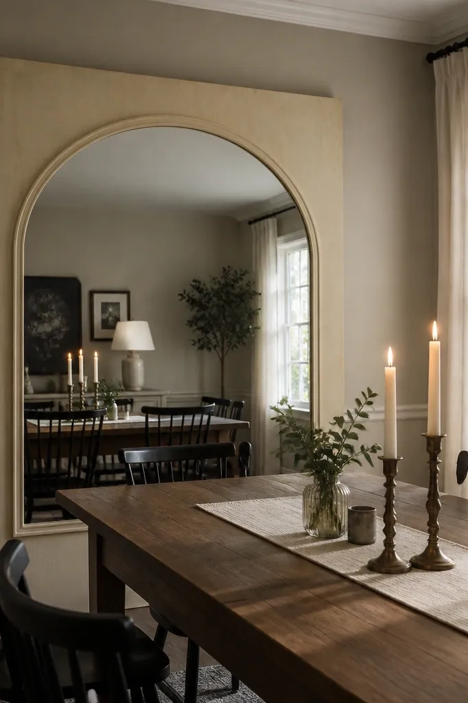 A large framed mirror above a dining table with a chunky wood frame