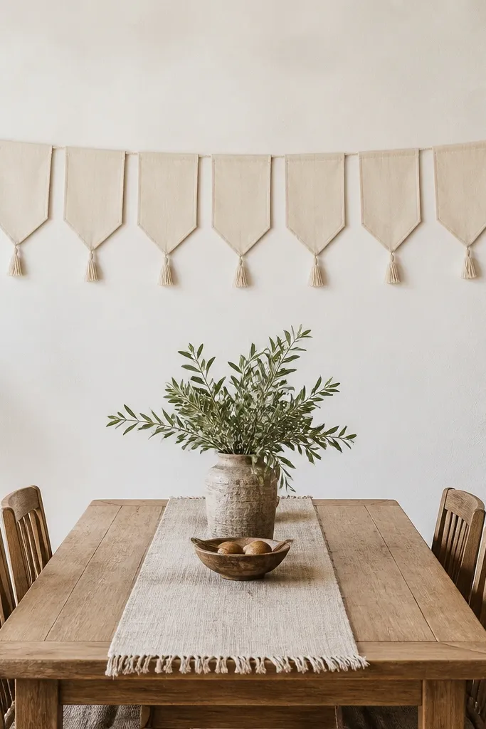 A nine-flag fabric pennant banner with tassel ends above a dining table