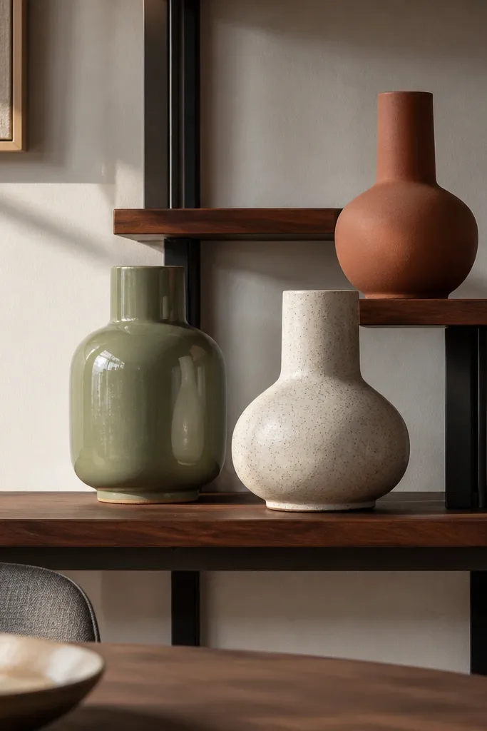 Two wall shelves holding three ceramic vases arranged above dining table