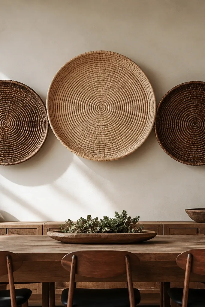 Three large woven baskets in neutral tones arranged above a dining table