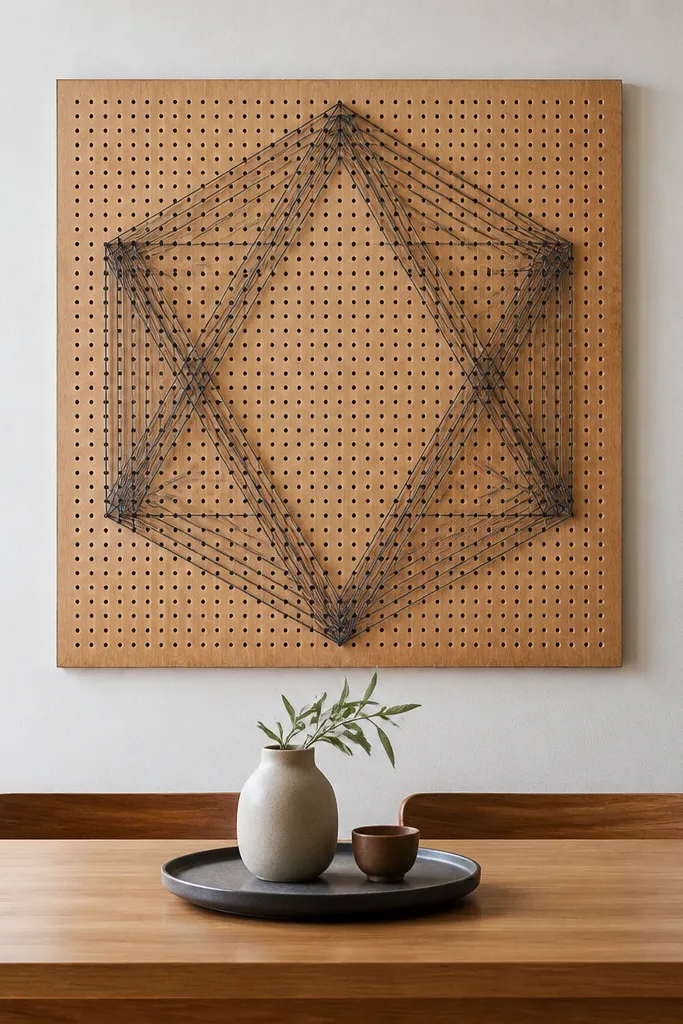 Wide pegboard string art with a geometric pattern above dining table