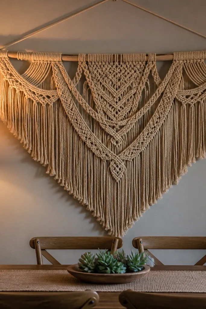 Wide macramé wall hanging with layered knots above dining table