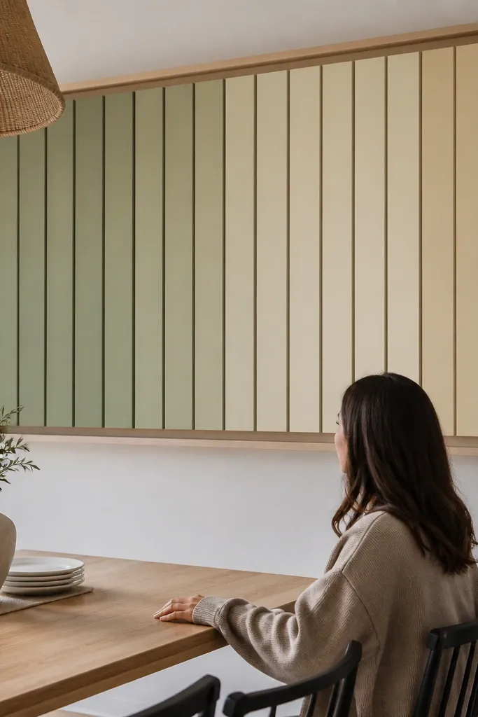 Painted wooden slats arranged in a grid inside a frame above dining table