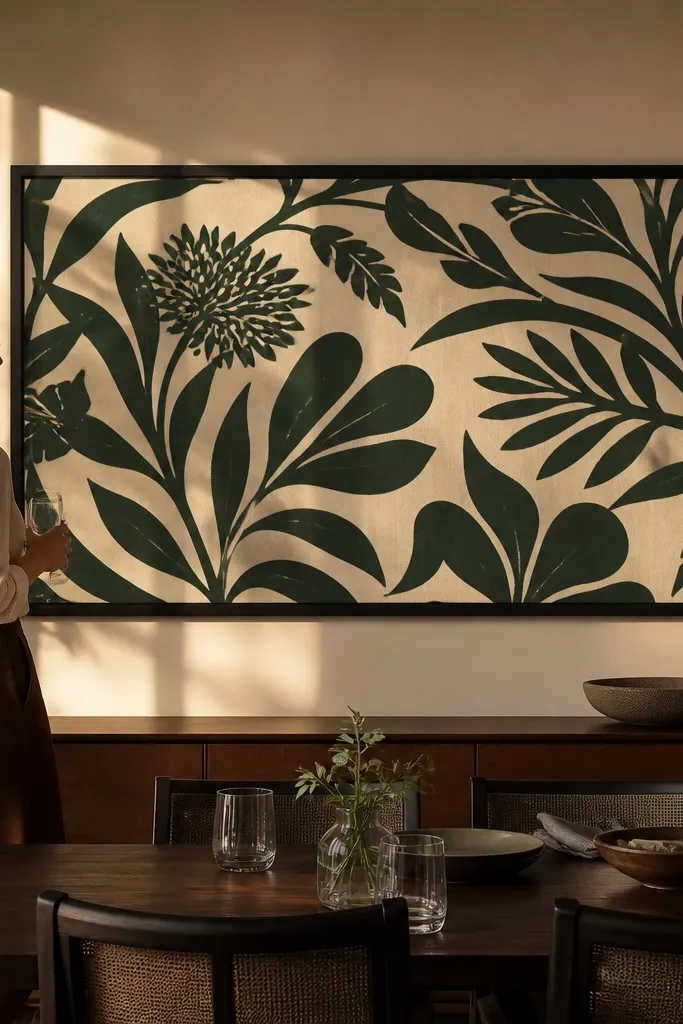 A wide fabric panel stretched and framed above a dining table