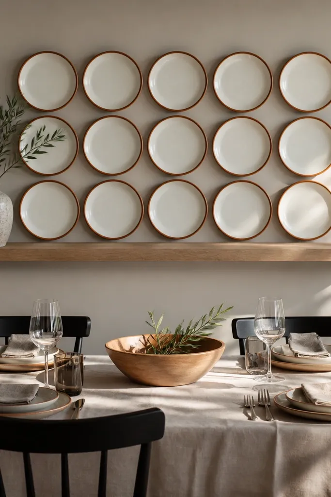 A floating ledge holding a neatly arranged set of small plates above dining table