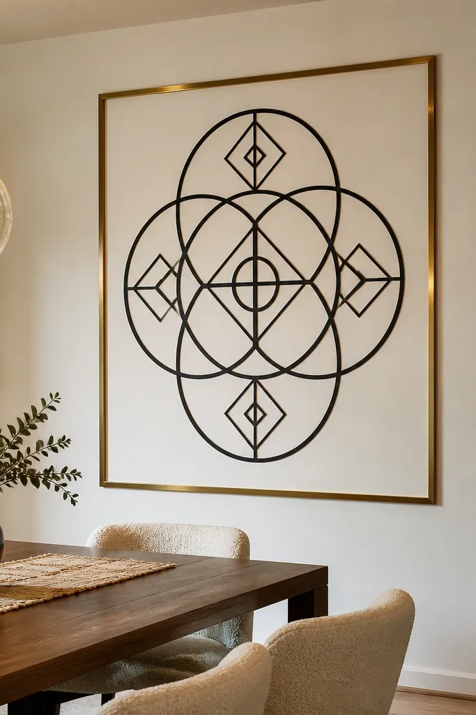 A bold framed-style vinyl design on the wall above a dining table