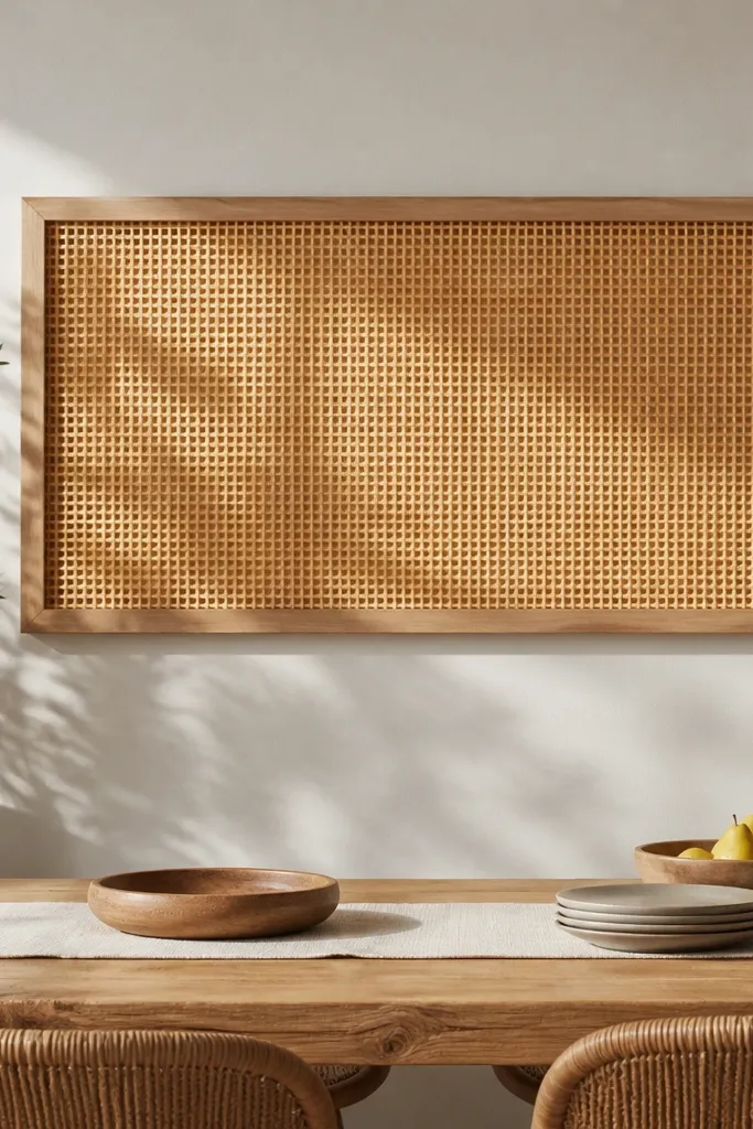 Wide rattan panel mounted in a simple frame above dining table