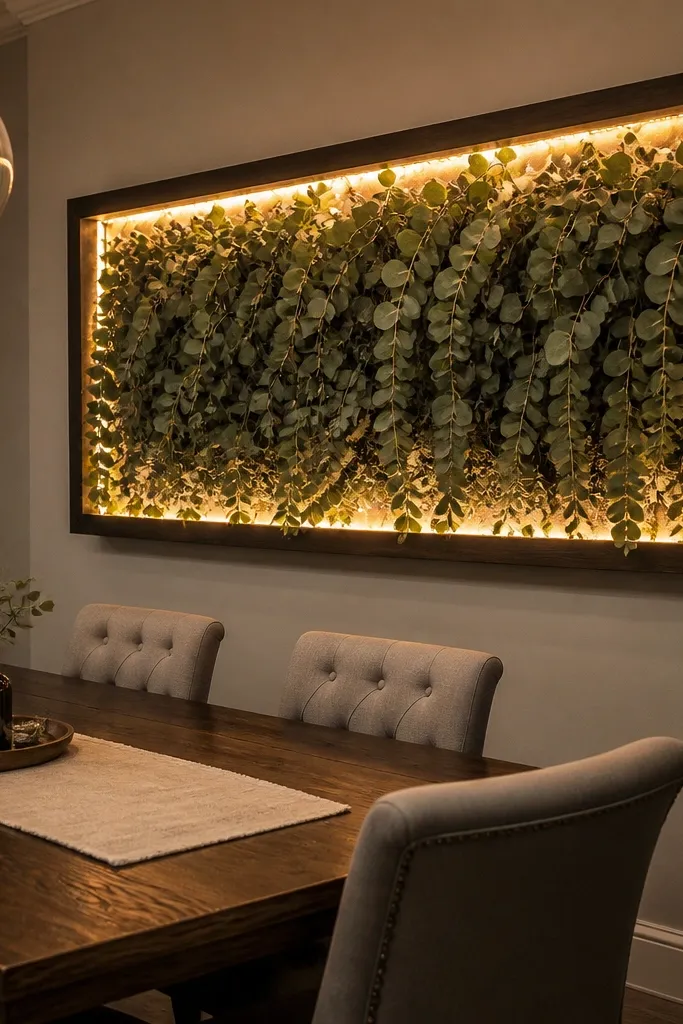 A tall shadowbox frame with faux greenery and warm lights above dining table