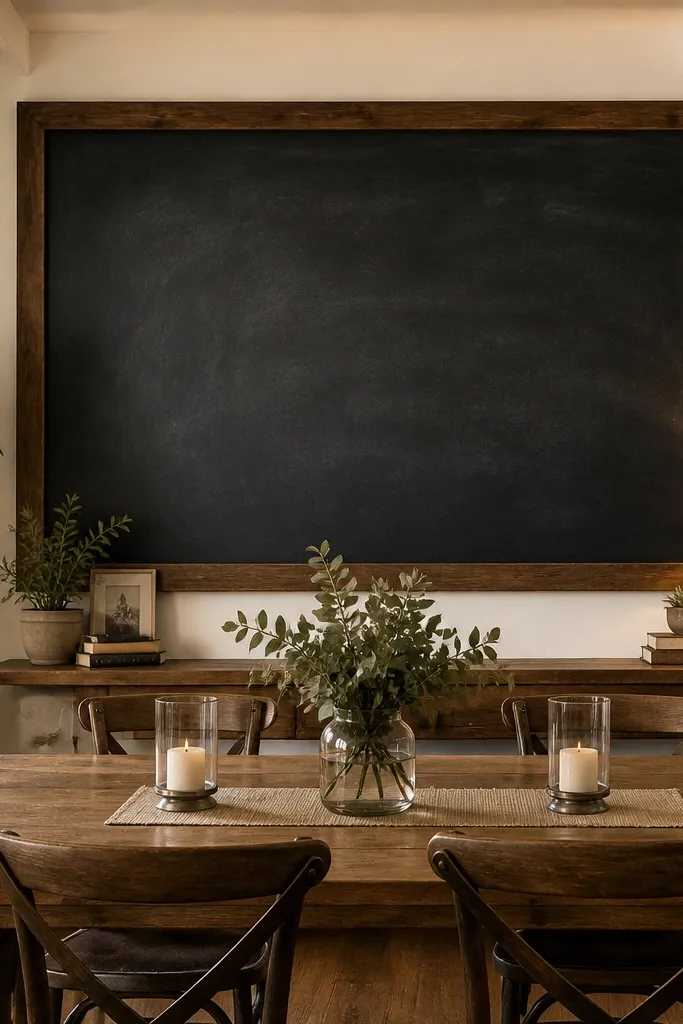 A large chalkboard panel with simple typography above a dining table