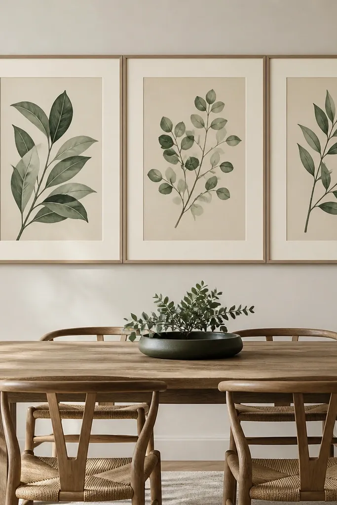 Three large botanical prints in matching mats arranged above a dining table