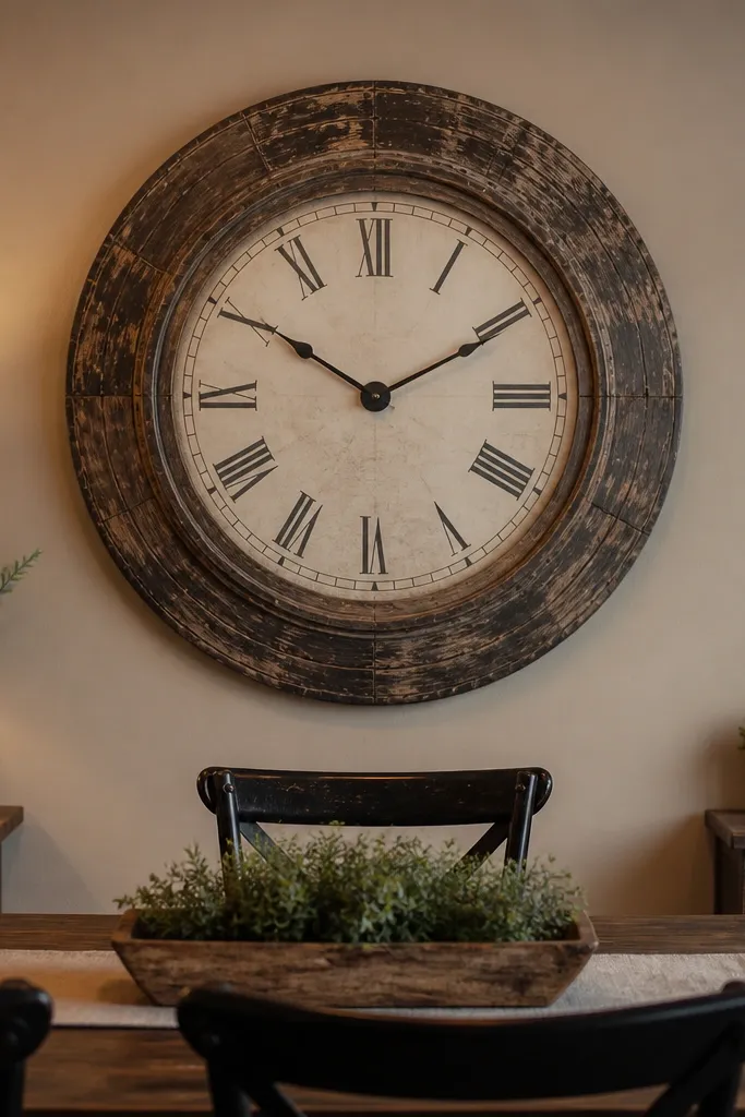 A large wall clock with a distressed frame above a dining table
