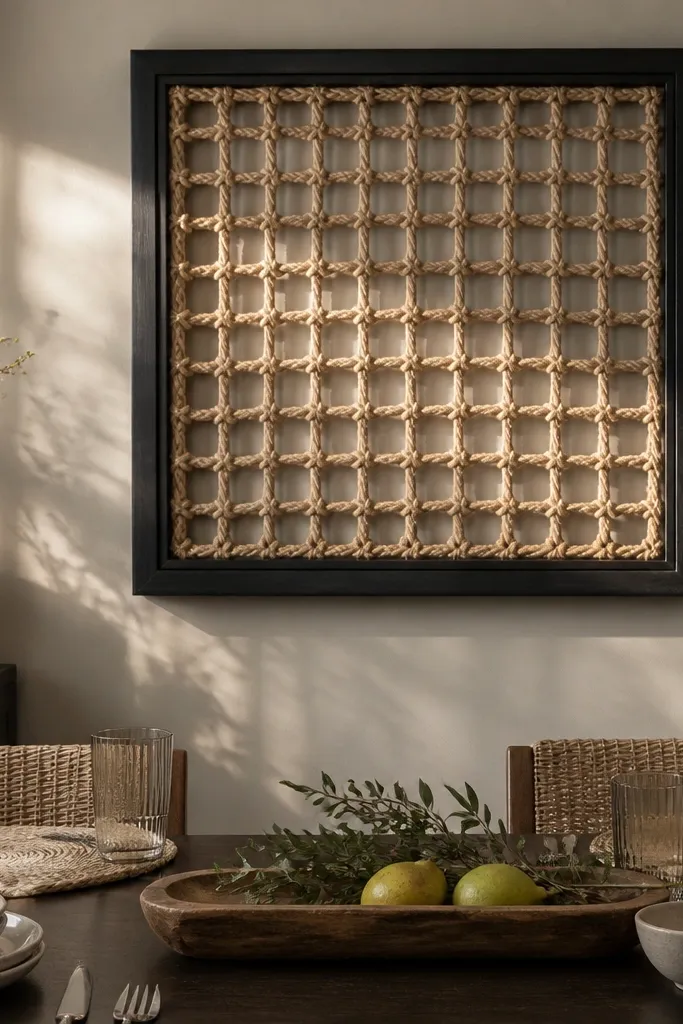 Square frame with a rope net pattern mounted above dining table