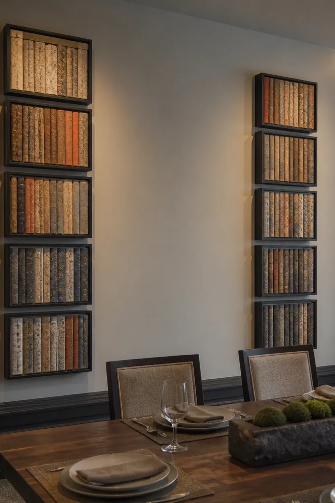 Two vertical columns of framed book pages arranged above dining table