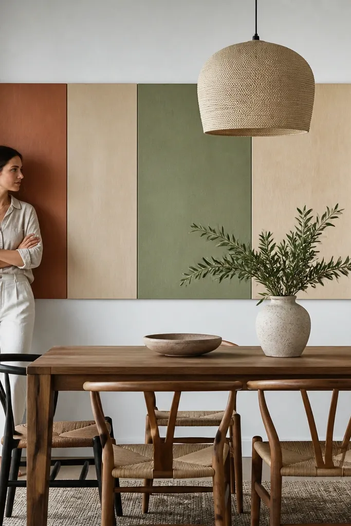 Color-block painted plywood rectangles arranged in a wide panel above dining table