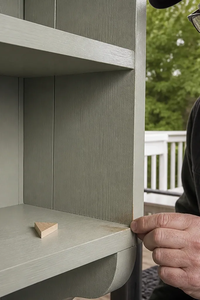 Painted shelf pieces with mismatched edges and a seam that shows