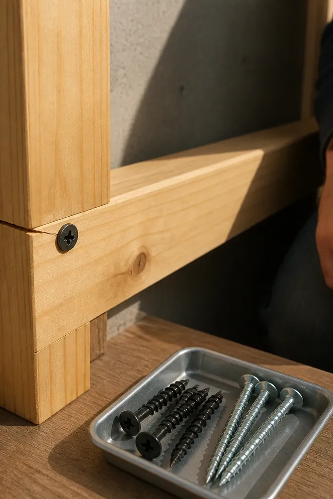 Wood frame with split grain near screw holes