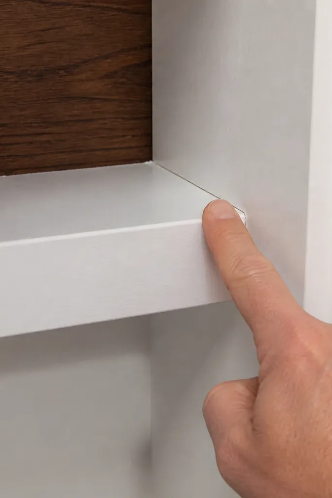 Corner shelf joints with visible glue gaps and uneven seam line