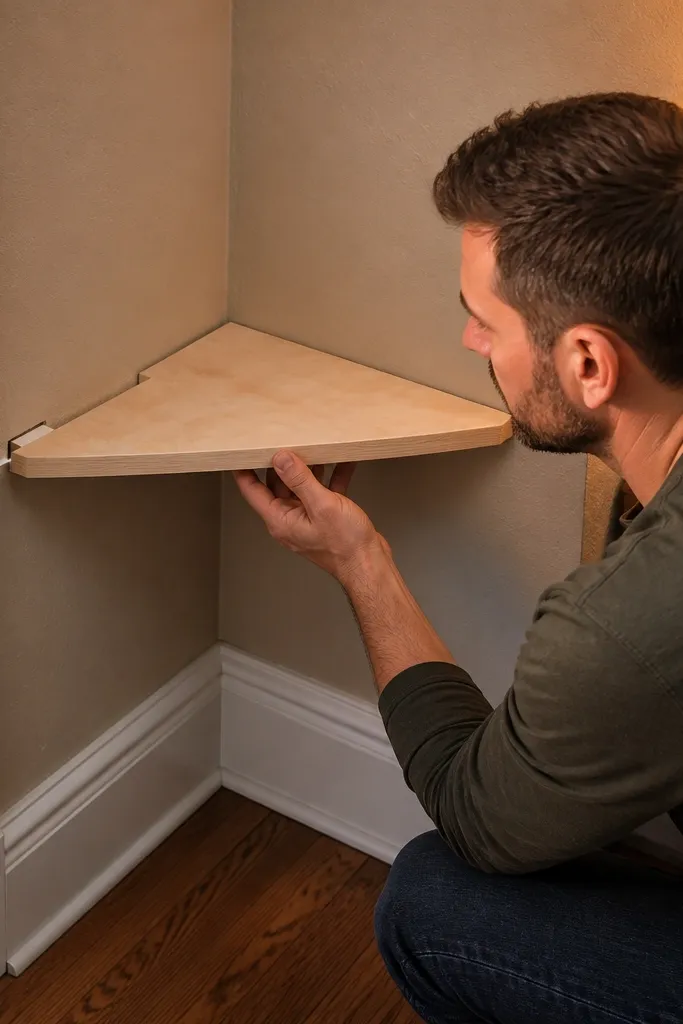Corner shelf mounted too close to baseboard with no clearance