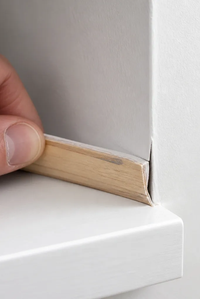 Corner shelf with a cracked caulk seam along the back edge