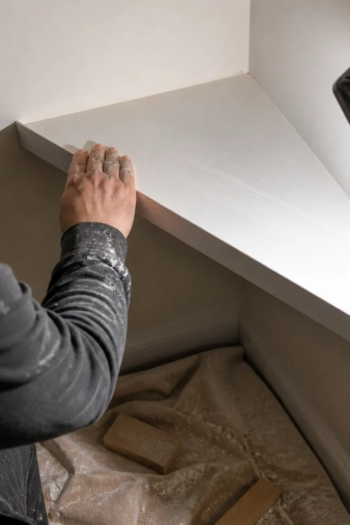 Painted corner shelf showing sanding scratches and saw marks